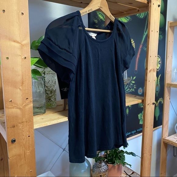 Rebecca Taylor navy blue sheer silk sleeve linen top - Picture 4 of 13